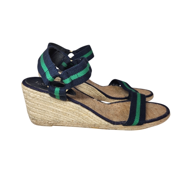 Lauren Ralph Lauren Ilene Espadrille Wedge Sandal Size 9 Navy Green Stripe 3" - Picture 4 of 10